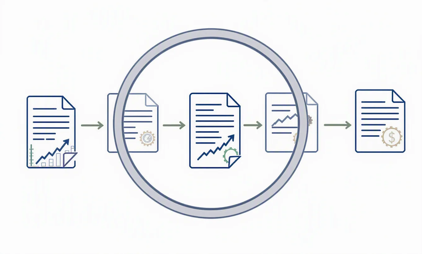 Annotated mechanism of a structured multi-section document examined under a magnifying lens, attention moving section by section in a fixed reading order