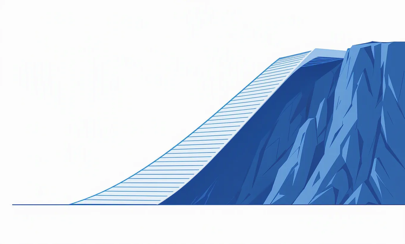 Concept of an impossibly straight polished ramp beside a natural jagged rock face, the contrast between manufactured smoothness and organic texture