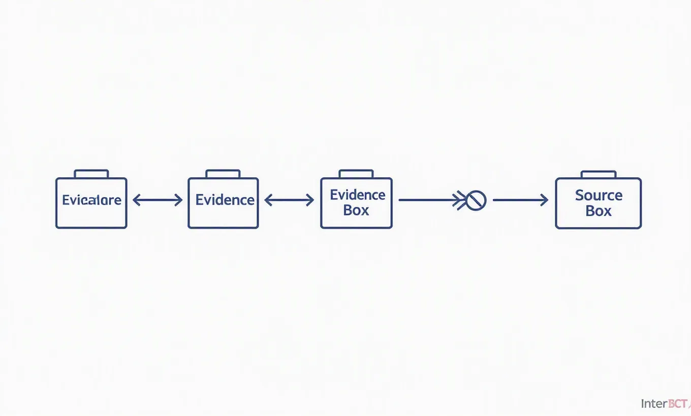 A chain of sealed evidence boxes connected by cords, each seal intact, leading back to an original source box