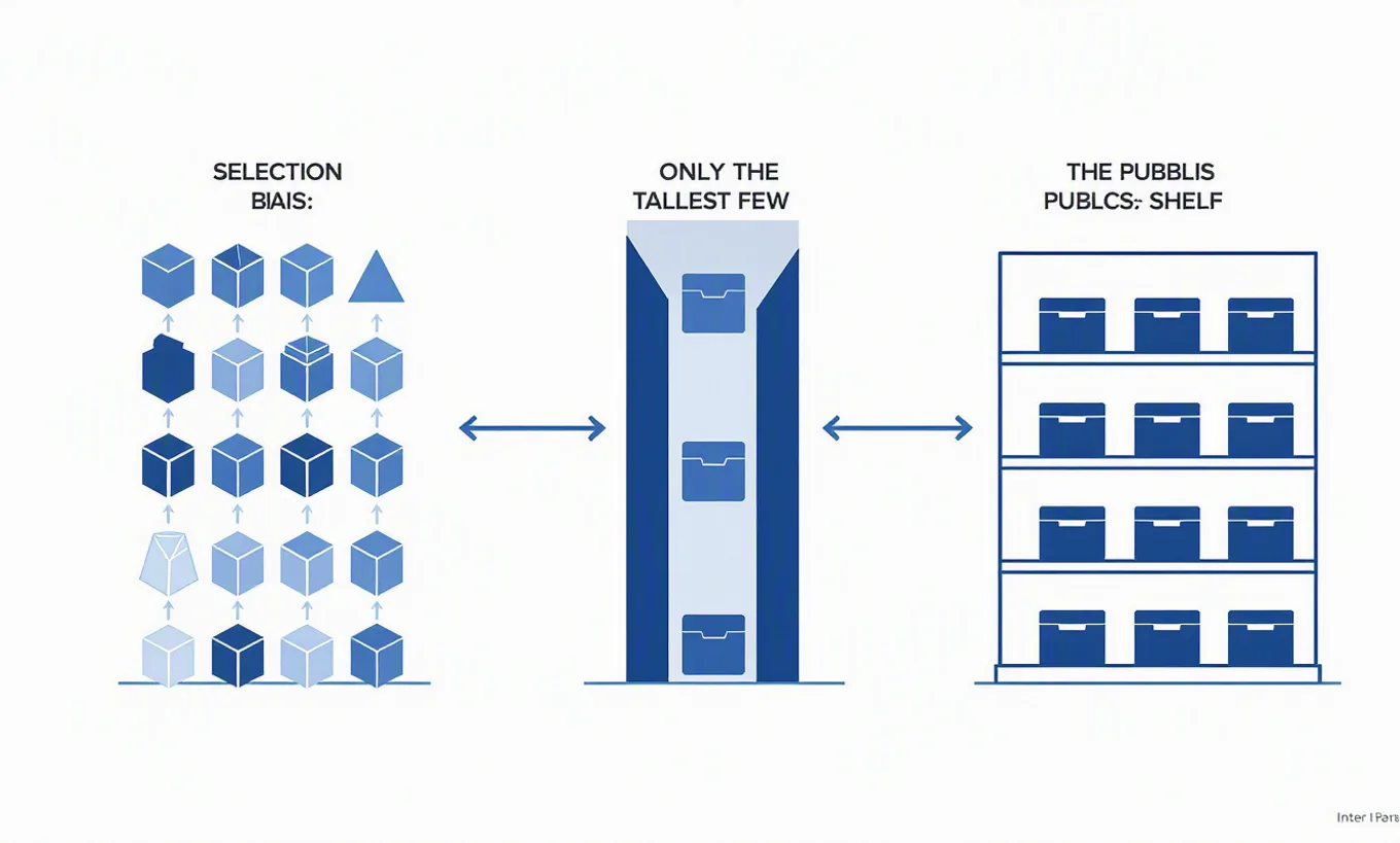 Diagram of selection bias in public reporting: many varied shapes entering a narrow gate and only the tallest few reaching the public display shelf
